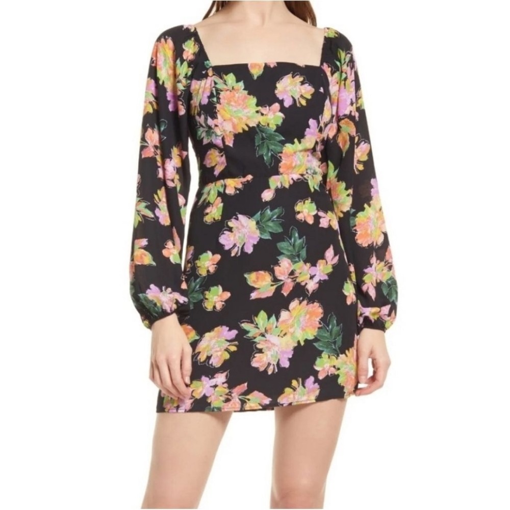 All in Favor Black Floral Long Sleeve Dress M NWT